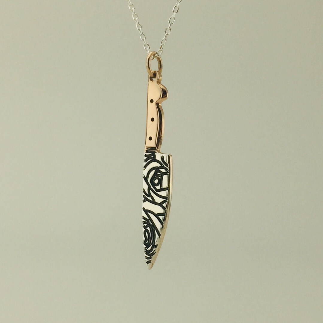 Silver Patterned Chef Knife Necklace, Gastronomy Themed Sterling Silver