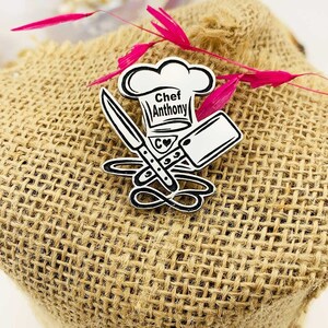 Gastronomy Themed Chef Hat and Knife Detailed Silver Brooch, Pin - Personalized Gift for Chefs