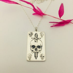 Sterling Silver Rectangular Plate Necklace, Skull and Sword Details on Pendant