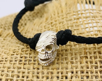 Sterling Silver Skull Detailed Bracelet with Adjustable Size | Drawstring Bracelet | 3 Different Skull Models