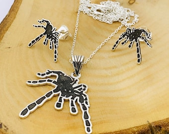 Black Enamel Detailed 925 Sterling Silver Spider Necklace and Earring Set | Black Spider Necklace | Black Spider Earrings
