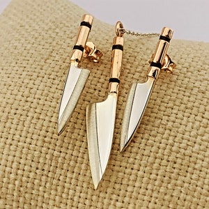 Sterling Silver Double Fluted Knife Necklace and Earrings Set-  Gift for Chefs and Cooks