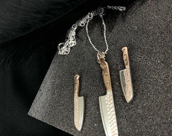 Silver Chef Knife Earrings & Necklace Set Special for Passionate Cooks, Rose, Gold and Silver Haft Options