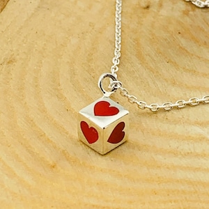 925 Sterling Silver 3D Dice Pendant and Necklace With Enameled Red Heart, Ace of Hearts