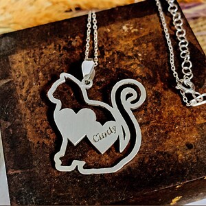 Sterling Silver Personalized Cat Pendant and Necklace | Cat Pendant with Name | Gift for Cat Lovers