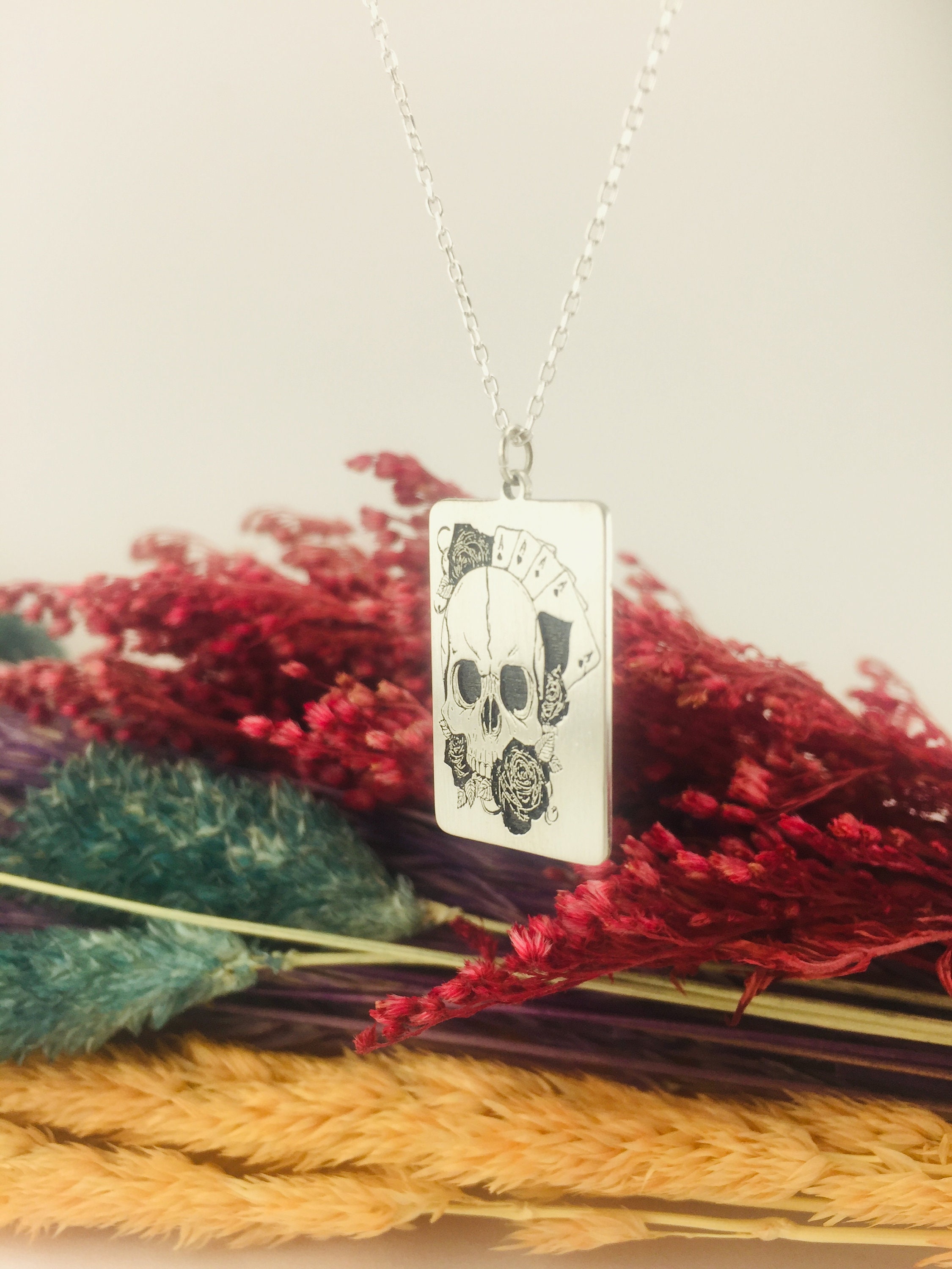 Sterling Silver Playing Cards, Skull Rectangular Plate Necklace