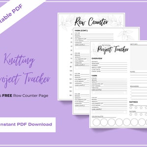 Könnte beinhalten: Druckbare PDF-Seiten für Strickprojekt-Tracker und Reihenzähler. Das Design zeigt einen hellvioletten Hintergrund mit den Worten "Knitting Project Tracker". Enthält Platz für Garndetails, Notizen und Bewertungen.