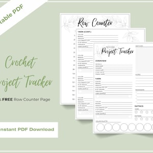 Könnte beinhalten: Ein druckbares PDF-Häkelprojekt-Tracker mit einer Reihenzählerseite. Das Design umfasst Bereiche für Garndetails, Projektübersichten und Notizen. Der Text enthält "Crochet Project Tracker" und "Instant PDF Download."