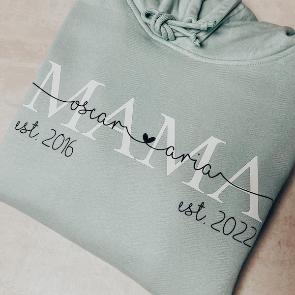 Personalisierter MAMA Hoodie | MOM Sweater mit Kindernamen & Geburtsjahr | Geschenk Geburt, werdende Mütter, Babyparty, Muttertag | v2