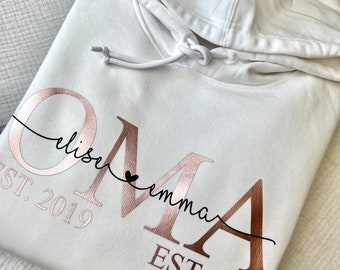 Personalisierter OMA Hoodie | OMA Sweater mit Enkelkindernamen & Geburtsjahr | Geschenk Großmutter, werdende Oma, Muttertag, Geburtstag