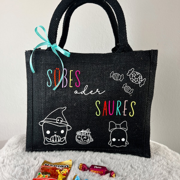 Süße Halloween Bag | Süßes oder Saures Süßigkeitentasche | Trick or Treat Beutel für Bonbons Vampir, Hexe, Mumie, Geister, versch. Motive