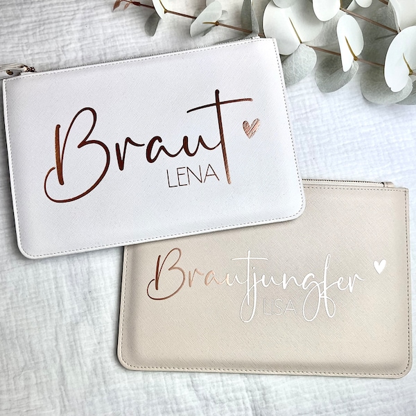 Personalisierte Clutch mit Namen | Kosmetiktasche / Beautybag | Brautclutch, Hochzeit, JGA | Geschenk für Braut, Trauzeugin, Brautjungfern