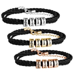 DIY Words Personalized Mens Braided Leather Bracelet Custom Beads Stainless Steel /  Silver Names Charm Bracelet for Men with Family Names