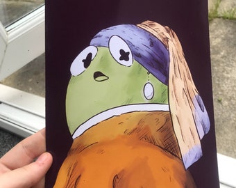 Fun Frog in Pearl Earring pastiche A5 print
