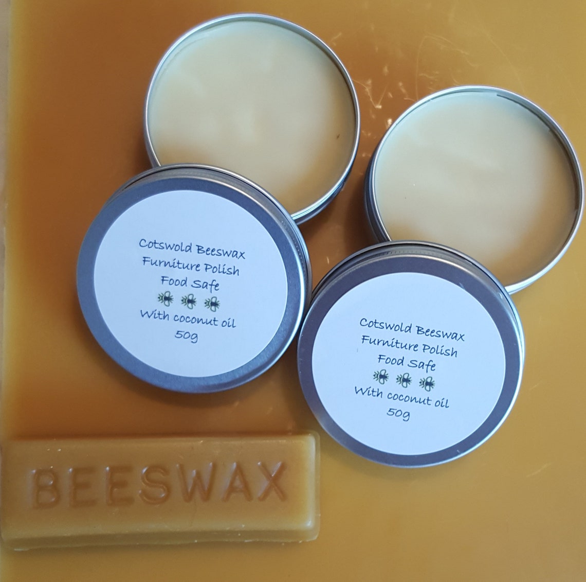50g of Beeswax Polish with coconut oil Food Safe. Made in Etsy