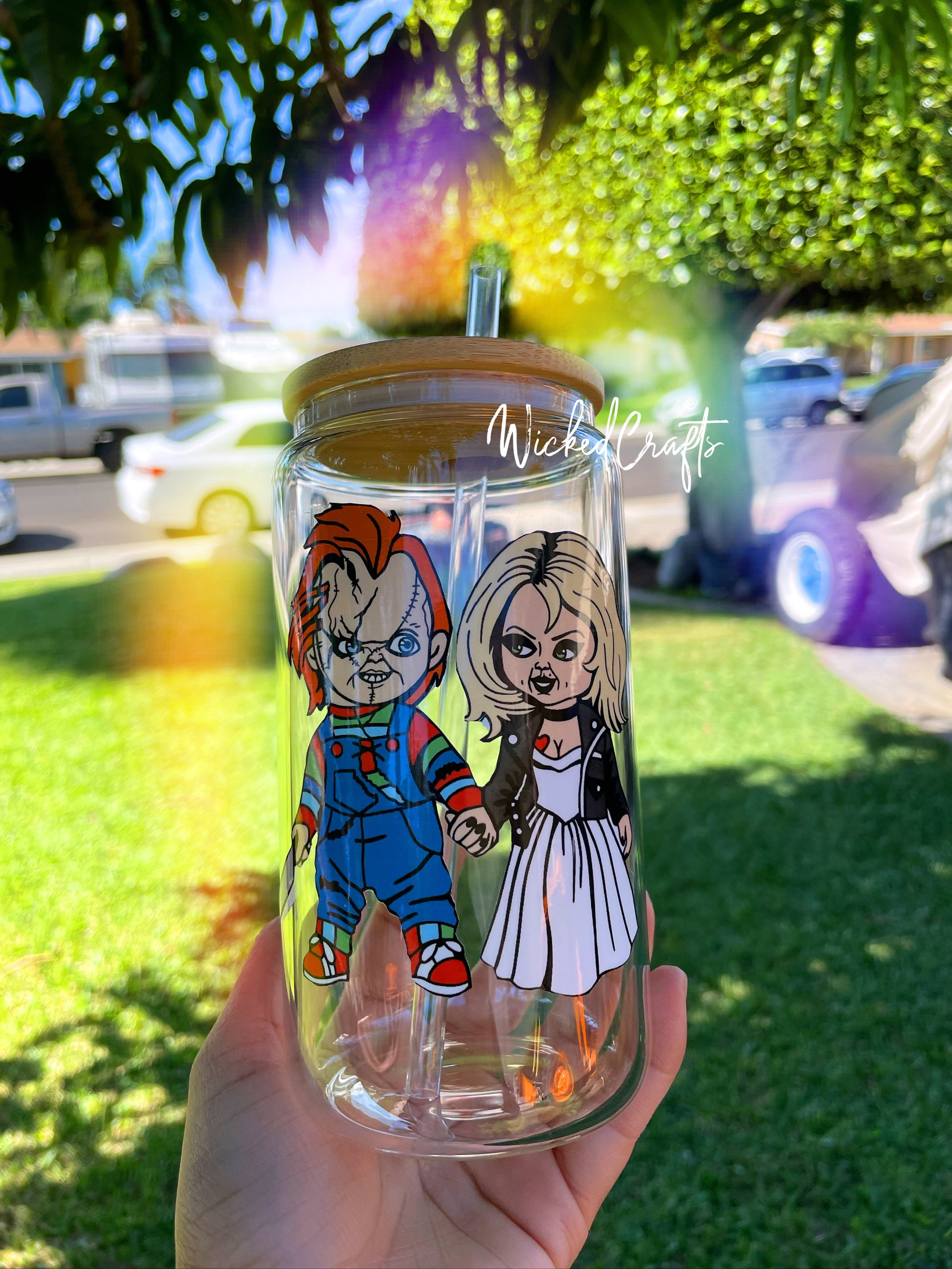 Chucky & Tiffany Horror Glass Can | Chucky and Bride Halloween Cup