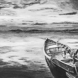 Bateau sur un lac / dessin au fusain petite impression sur toile tendue / Peace Be Still image 1