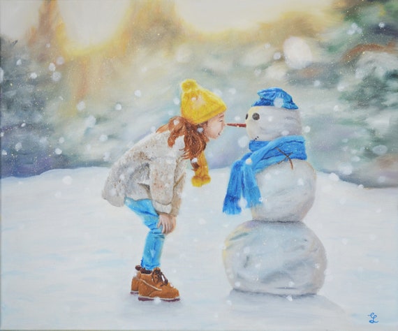 Snow Wall Art / Oil Painting Stretched Canvas Print / The Joy of Innocence