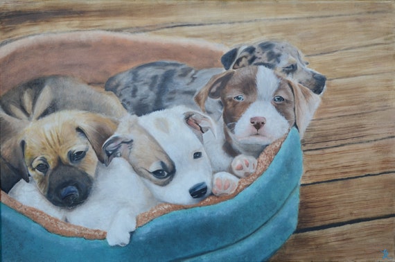 Dog Wall Art / Oil Painting Stretched Canvas Print / Abbey's Puppies