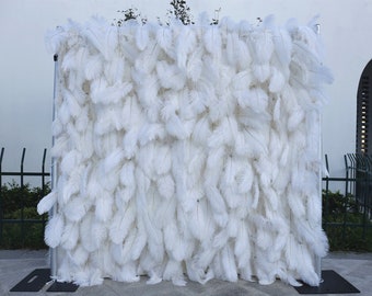 White Ostrich Feather 3D Flower Wall On Cloth, Wedding Party Photo Backdrop Decorations Custom Flower Backdrop