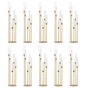 10Pcs Gold Wedding Tall Candle Holder with Acrylic Shades, 5 Arm Candle Stands, Table Centerpieces Floor Candelabras,  Birthday Party Decor