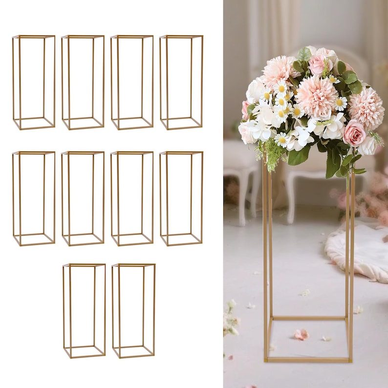May include: Gold metal rectangular flower stands. The stands are open on all sides and are designed to hold floral arrangements. The image shows a variety of the stands, some empty and some holding flowers. The stands are a warm gold color.