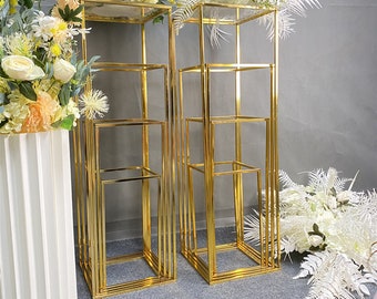 Electroplated Wrought iron rectangular frame for Wedding Party Flower Stand Vase Column,Cube Column Flower Arrangement Dinner Centerpiece