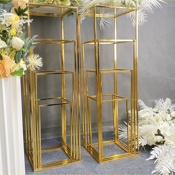 Electroplated Wrought iron rectangular frame for Wedding Party Flower Stand Vase Column,Cube Column Flower Arrangement Dinner Centerpiece