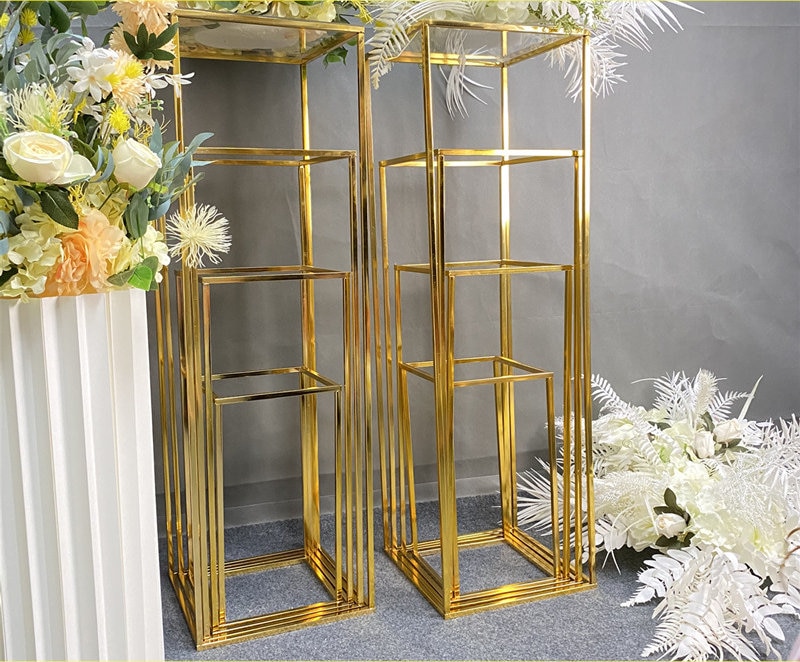 Modern Rectangular Tall Metal Frame Stand Centerpiece (3 PCs/Set) in Gold | Wedding | Event | Wholesale by CV Linens