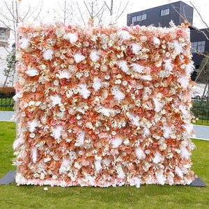 5-D Champagne Rose with White Feathers Flower Wall Artificial Flower Panel Bridal Shower Decor Photo Backdrop ,Wedding Party Backdrop