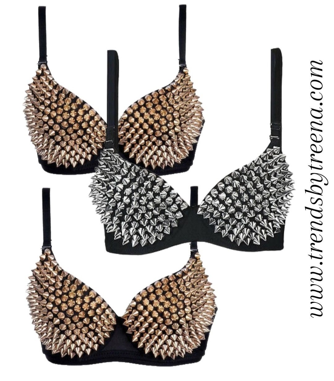 Sexy Women Gold Spike Studded Push up Bra 