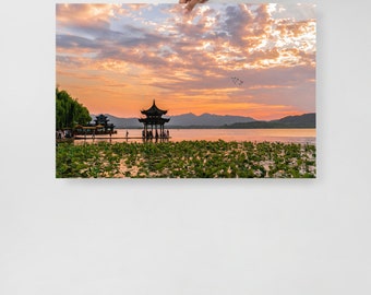 Hangzhou West Lake Sunset Photography Print | Horizontal Hangzhou Xihu Photography for Bedroom, Living Room and Office