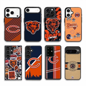 May include: Eight smartphone cases featuring Chicago Bears branding. Designs include the team logo, bear head graphics, the Chicago skyline, and collage patterns in navy blue and orange. The cases display various layouts of team text and imagery.