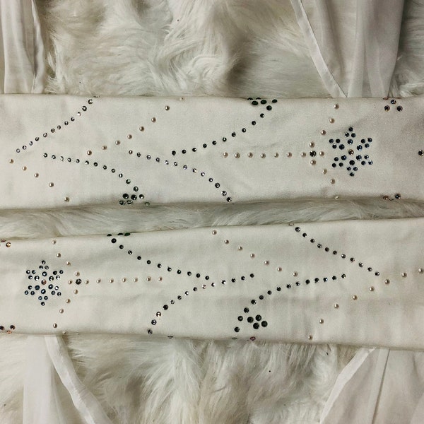 White Four Way Stretch Sateen Finish Fingerless Gloves With Swarovski Crystals And White Sheer Chiffon Attached Panels