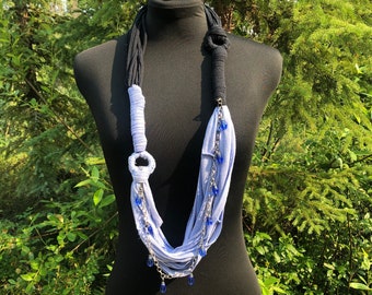 Upcycled T-Shirt Fabric Multi-Strand  Necklace Blue And Black With Silver Tone Chain And Blue  Drop Beads