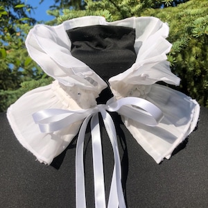 May include: White ruffled collar with a white satin ribbon tied in a bow. The collar is made of a sheer fabric and has a delicate, feminine look.
