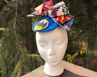 Superhero Comic Book Femme Power Clip On Fascinator Hat Headpiece With Velvet And Rhinestone Detail