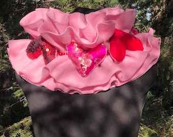 Valentine Pink Fleece 3 Layer Circus Clown Costume Ruff Collar With 7 Different Stuffed Puff Hearts And Red Heart Sequins Tie Closure