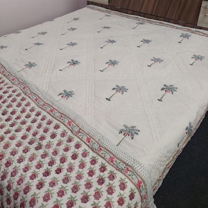 Rose Pink Cotton Quilt, Indian Hand Block Printed Quilt Bedspread, Floral Printed Queen Comforter, Soft Summer Blanket, All Season Quilt