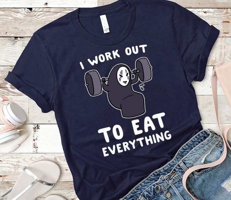 2021 Gift I work Out To Eat Everything No-Face Kaonashi From Studio Ghibli And Gym Fitness Unisex Trending Long Sleeve V Neck T Shirt