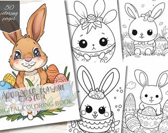 May include: An "Adorable Kawaii Easter Digital Coloring Book" cover features a brown bunny with colorful Easter eggs. The book includes 50 coloring pages with cute bunny illustrations, perfect for Easter activities.