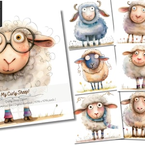 My Curly Sheep. 15 JPG Quirky Sheep Clipart, Watercolor, Junk Journaling, Scrapbooking, Digital Download, Fantasy, Whimsical Funny Animal