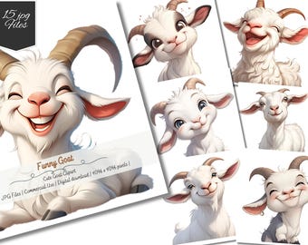 Funny Watercolor Goat Clipart: Whimsical Farm Animal Illustrations (Digital Download JPGs)