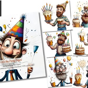 Peut inclure: Ensemble d'illustrations fantaisistes représentant un homme barbu célébrant avec un gâteau et des boissons. Les images sont de style cartoon, avec des couleurs vives et des chapeaux de fête. Le texte de l'image se lit : "Let's the Party Begin! Quirky Birthday Men Clipart".