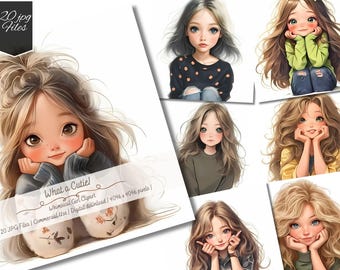 Watercolor Funny Girl Clipart, Whimsical Fantasy Art (Digital Download)