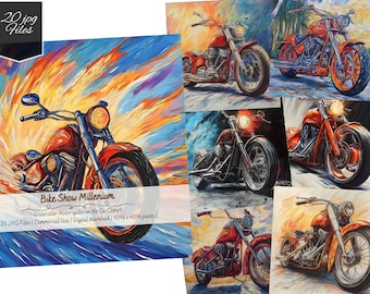 20 JPG Bike Show Millenium: Watercolor Motorcycle on the Go Clipart, Junk Journaling, Card Making, Paper Craft, Digital Download