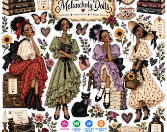 May include: A digital sticker sheet featuring four illustrated dolls in vintage-style dresses, a black cat, a typewriter, stacks of books, flowers, and butterflies. The text reads Black Melancholy Dolls, Graceful Girls, Deeper Stories, A Kinder Tomorrow.