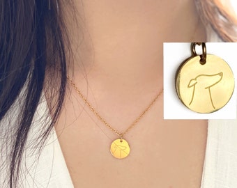 Engraved Greyhound Necklace 18k Gold Plated Disk Pendant | Greyhound, Whippet, Galgo Gifts | Dainty Disc Necklace | Sighthound Jewellery