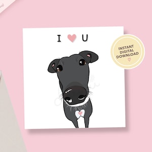 Biglietto di San Valentino stampabile con levriero nero, biglietto di anniversario, per fidanzata, fidanzato, marito, moglie, ti amo, DOWNLOAD DIGITALE
