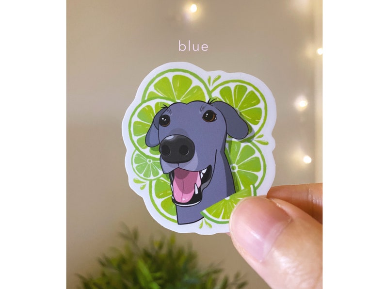 May include: A sticker featuring a cartoon illustration of a blue grey dog with a lime green background. The dog is smiling with its tongue sticking out. The background is a pattern of lime slices.